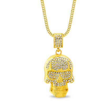 Imagen de Gold-Tone Crystal Skull Pendant Curb Chain Mens Necklace