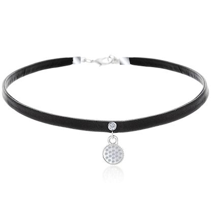 Picture of Silver-Tone Cubic Zirconia Disc Charm Black Leather Choker