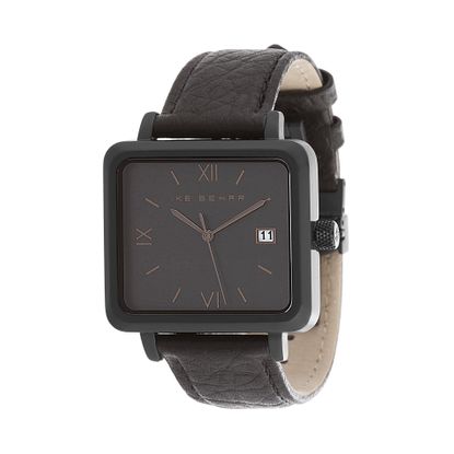 Imagen de Ike Behar Black IP Square Stainless Steel Case Date Function Roman Numeral Dial Black Leather Band Watch