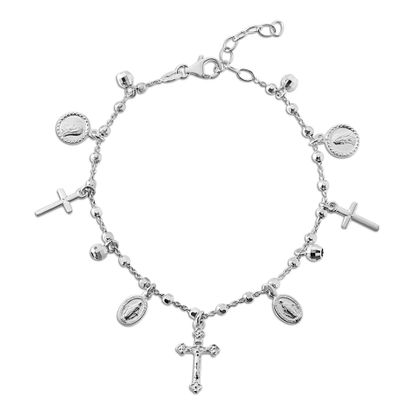 Picture of Sterling Silver Cross Oval & Round Religious Charms Cable Chain Bracelet