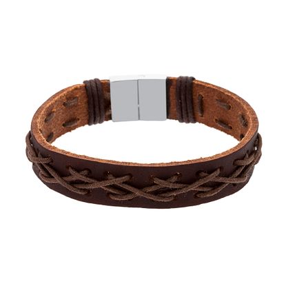 Picture of Stainless Steel Brown Woven Cord And Brown Leather Bracelet