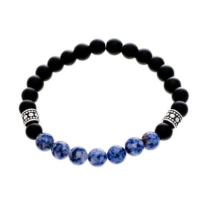Picture of Silver-Tone Stainless Steel Mens Textured Cylinder Charm and Sodalite/Black Bead 7.5 Stretch Bracelet