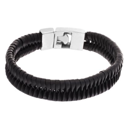 Imagen de Silver-Tone Stainless Steel Matte Square Closure Black Braided Leather Bracelet