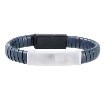 Imagen de Silver-Tone Stainless Steel Men's ID Bar 7 Navy Blue Wrap Around Leather Hidden IOS USB Charger Bracelet