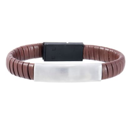 Picture of Silver-Tone Stainless Steel Men's ID Bar 7 Brown Wrap Around Leather Hidden USB Charger Bracelet