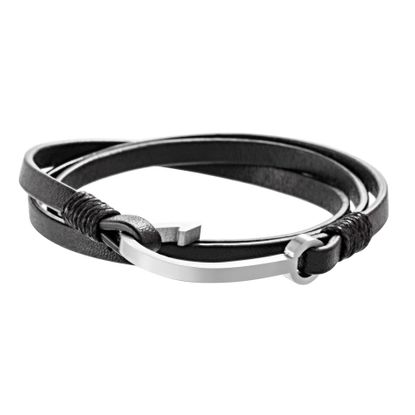 Imagen de Silver- Tone Stainless Steel Hook Charm Black Leather Men's Wrap Around Bracelet