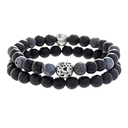 Picture of Men's Onyx Stone & Hammered Ball Beaded Stretch Bracelet Duo Set in Oxidized Stainless Steel