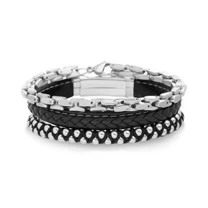 Picture of Silver-Tone Stainless Steel Men's Bar Station Black Leather Bracelet