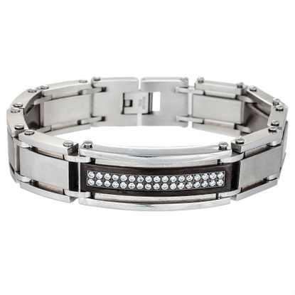 Picture of Two-Tone Stainless Steel Matte ID Center with Cubic Zirconia Link Bracelet