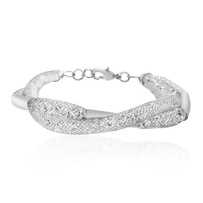 Picture of Silver-Tone Alloy Crystal Curved Bar Twisted Design Double Stranded Mesh Chain Bracelet