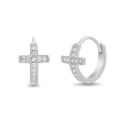 Picture of Sterling Silver Cubic Zirconia Cross Huggie Earrings