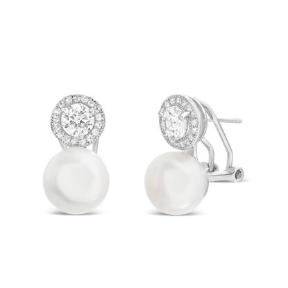 Picture of Sterling Silver Halo Cubic Zirconia and Freshwater Pearl Post Clip Earring