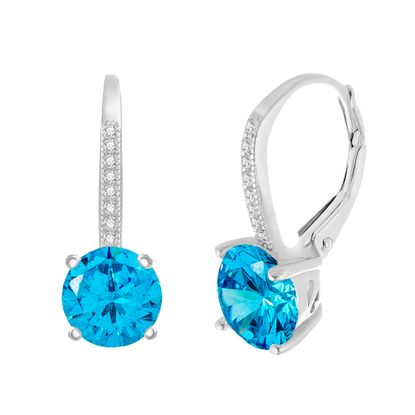 Picture of Sterling Silver Aqua March Birthstone Pronged & Clear Cubic Zirconia Lever back Earring