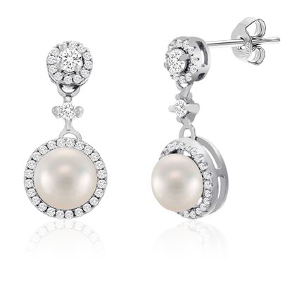 Picture of Sterling Silver Halo Cubic Zirconia Freshwater Pearl Dangling Post Earring