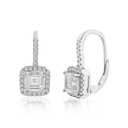 Picture of Princess Cut Cubic Zirconia Halo Style Lever Back Earrings in Rhdoium over Sterling Silver