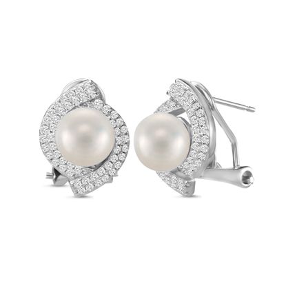Picture of Sterling Silver Cubic Zirconia Freshwater Pearl Oval Shaped Post Clip Earring
