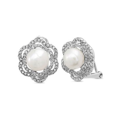 Picture of Sterling Silver Cubic Zirconia Double Wavy Ring Flower Design Freshwater Pearl Post Clip Earring