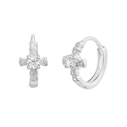 Picture of Sterling Silver 13mm Cubic Zirconia Cross Huggie Earring
