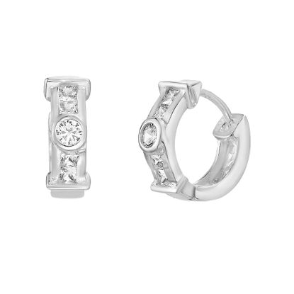 Picture of Sterling Silver 15mm Round/Square Bezel Cubic Zirconia Star Cutouts Huggie Earring