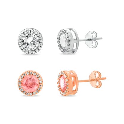 Imagen de Two-Tone Sterling Silver Cubic Zirconia Rose/Silver Clear/Simulated Morganite Round Halo Duo Post Earring Set