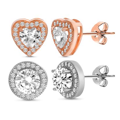 Imagen de Two-Tone Sterling Silver Cubic Zirconia Heart and Round Halo Duo Post Earring Set