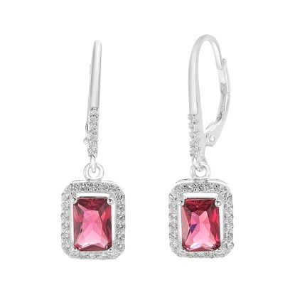 Picture of Sterling Silver Dangling Ruby Red/Clear Emerald Cut Cubic Zirconia Lever Back Earring