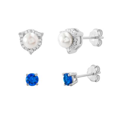Picture of Sterling Silver 2pc Freshwater Pearl Cubic Zirconia Border Triangle/Blue Stud Post Earring Set