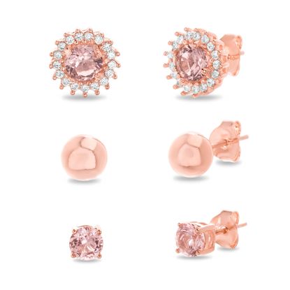 Picture of Sterling Silver Simulated Morganite & Cubic Zirconia  Border Flower/Ball/Stud Trio Post Earring Set