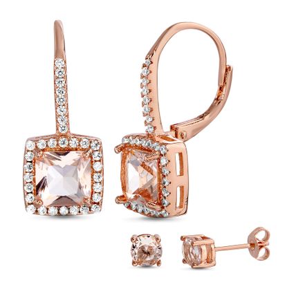 Picture of Brass Simulated Morganite Cubic Zirconia Stud & Dangling Square Lever Back Duo Earring Set