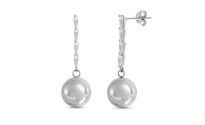 Picture of Rhodium Plated Brass Baguette Glass Bar Ball Drop Post Earring
