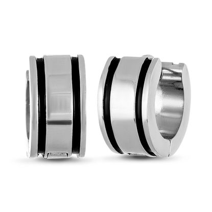 Imagen de Silver-Tone Stainless Steel 2 Black Horizontal Stripes Design Huggie Earrings