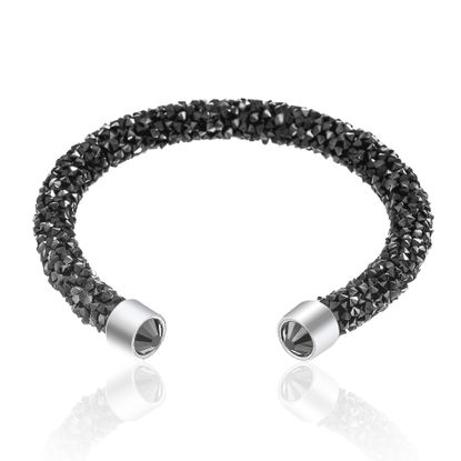Picture of Silver-Tone Brass Wrapped Black Crystal Open Cuff Bangle