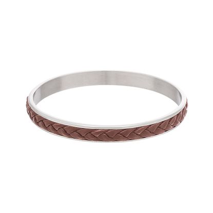 Imagen de Silver-Tone Stainless Steel Braided Brown Leather Slip Bangle