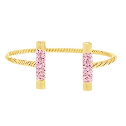 Imagen de Gold-Tone Stainless Steel Pink Cubic Zirconia Bar Ends Twisted Wire Cuff Bangle