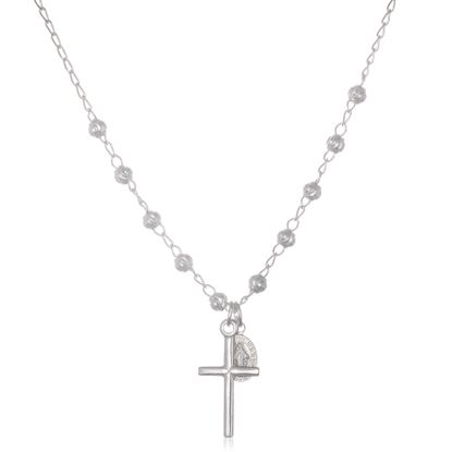 Imagen de Sterling Silver Textured Ball Stations with Cross and Oval Cable Chain Necklace