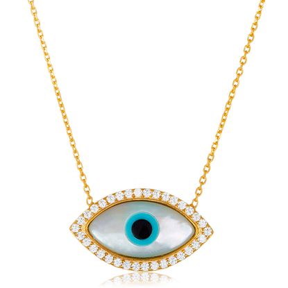Picture of Sterling Silver Mother Of Pearl/Cubic Zirconia Border Evil Eye Station Cable Chain Necklace