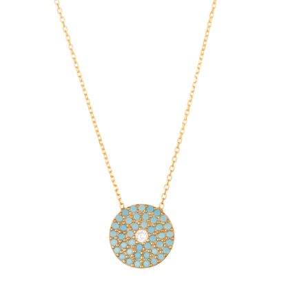 Imagen de Sterling Silver Cubic Zirconia Turquoise Pave Circle Disc with Clear Center Necklace
