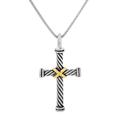 Imagen de Two-Tone Sterling Silver Textured Cross on Popcorn Chain Necklace
