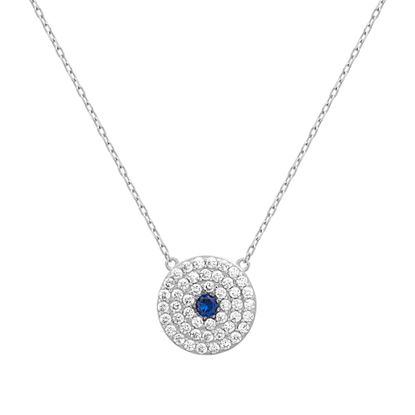 Picture of Sterling Silver Clear/Blue Cubic Zirconia Station Evil Eye Pendant 16+2 Cable Chain Necklace