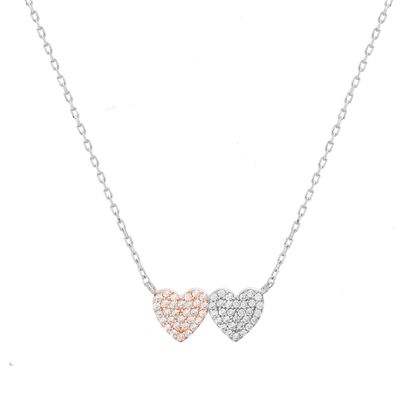 Imagen de Two-Tone Sterling Silver Cubic Zirconia Station Double Hearts Pendant Cable Chain Necklace