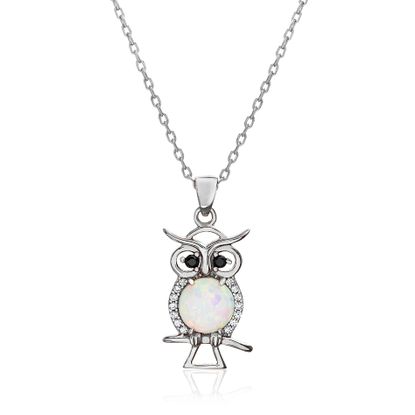 Imagen de Sterling Silver White Opal Black/Clear Cubic Zirconia Owl Cable Chain Necklace