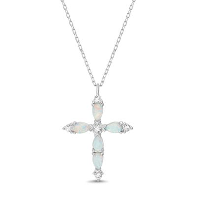Imagen de Sterling Silver CZ & White Opal Cross Pendant Cable Chain Necklace