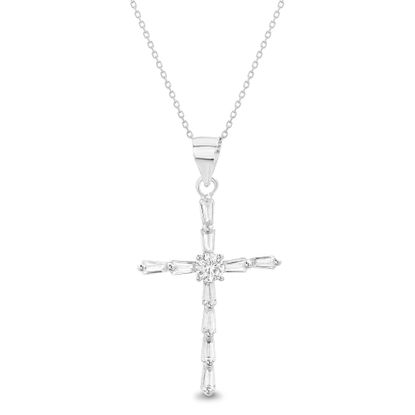 Picture of Sterling Silver Cubic Zirconia Cross Cable Chain Necklace
