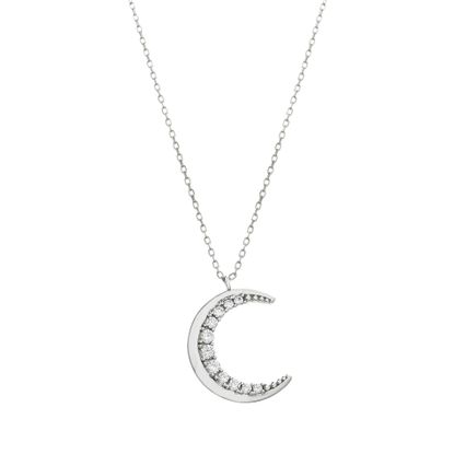 Imagen de Sterling Silver Cubic Zirconia Crescent Pendant Cable Chain Necklace