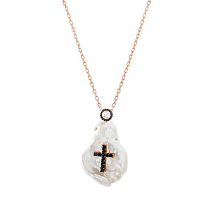 Imagen de Sterling Silver Black Cubic Zirconia Cross Mother of Pearl Geo Shaped Pendant Cable Chain Necklace