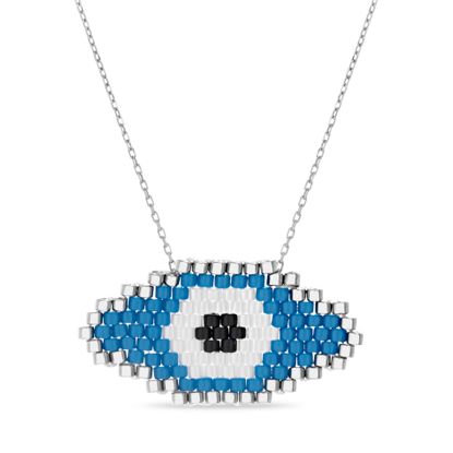 Imagen de Sterling Silver White & Blue Bead Evil Eye Pendant Cable Chain Necklace