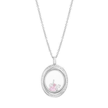 Picture of Rhodium Plated Brass Freshwater Pearl & Created Pink Cubic Zirconia Love Open Disc Cable Chain Necklace