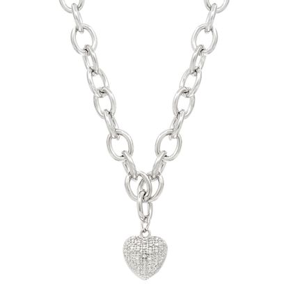 Picture of Diamond Accent Heart Charm Rolo Chain Necklace in Rhodium over Brass