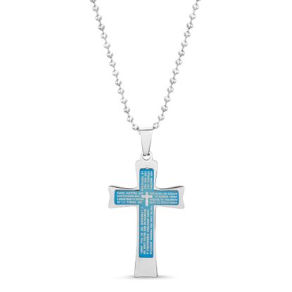 Picture of Two-Tone Stainless Steel Men's Silver/Blue Prayer Cross Box Chain Necklace