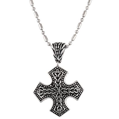 Picture of Silver-Tone Stainless Steel Men's Oxidized Textured Cross Pendant 24 Ball Bead Chain Necklace